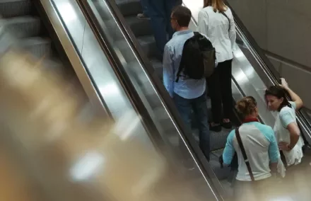 People going up and down on parallel escalators in a busy station.